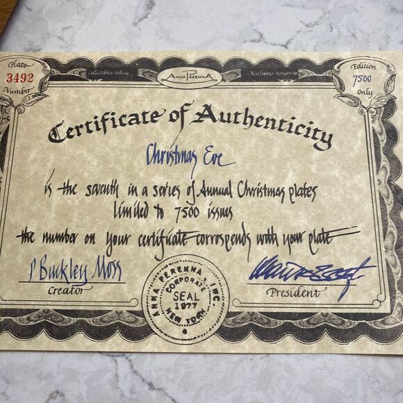 Anna Perenna Christmas Eve By P. Buckley Moss Plate with Certificate and Box - Picture 4 of 7